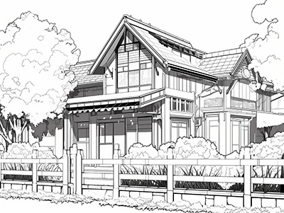 beautiful house anime coloring page