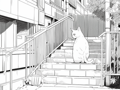 cat on the stairs anime coloring page