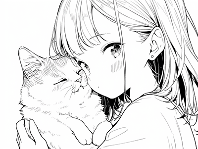 cute girl with a cat anime coloring page